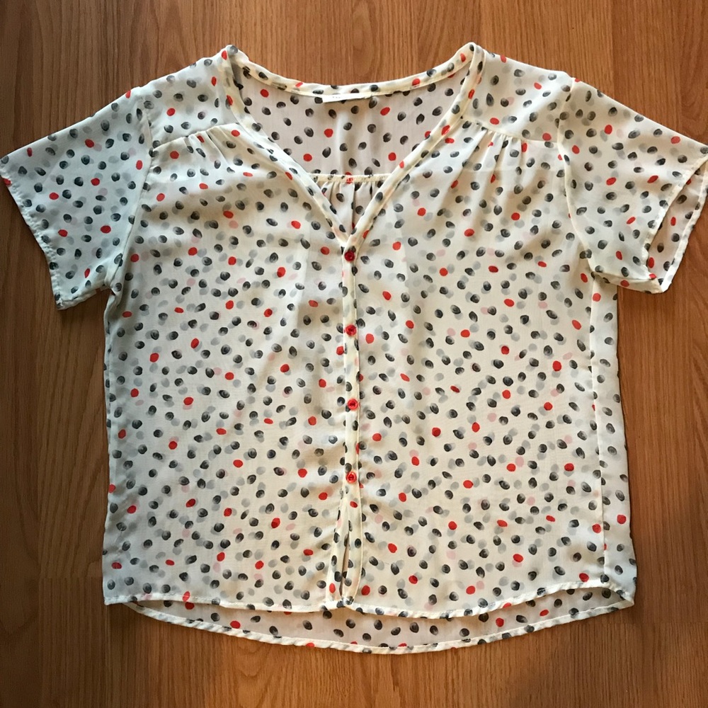 White shirt with red & black polka dots